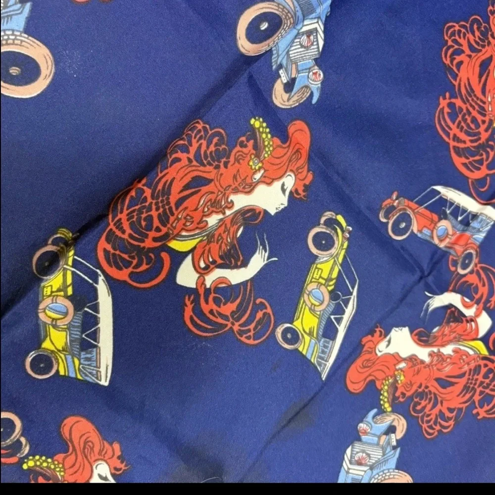 blue silk head scarf antique red and yellow cars and red-haired women